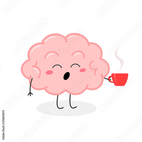 Yawning brain character with cup of coffee
