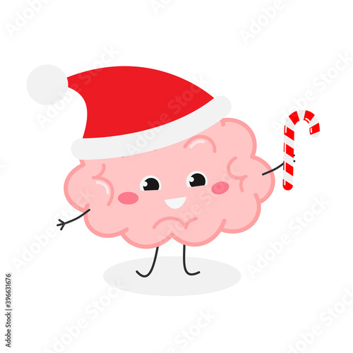Cheerful brain cartoon character in Santa's hat