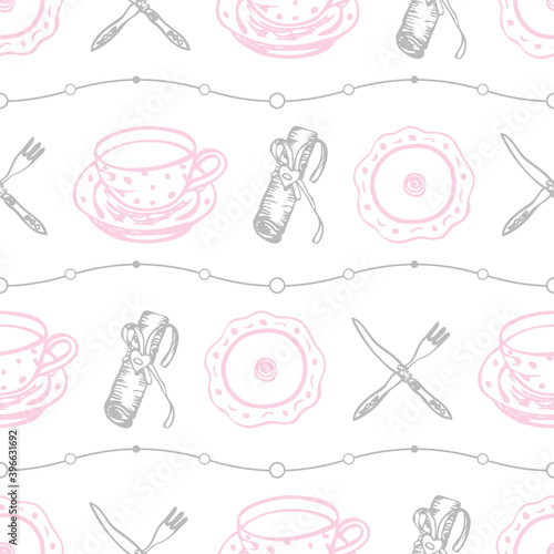 Table ware seamless pattern: plate, cup, fork, knife, napkin