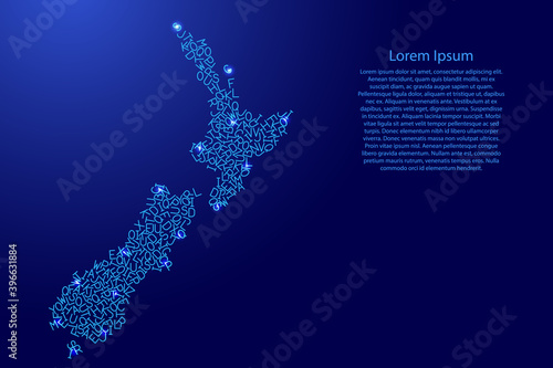 New Zealand map from blue pattern latin alphabet scattered letters and glowing space stars grid. Vector illustration.