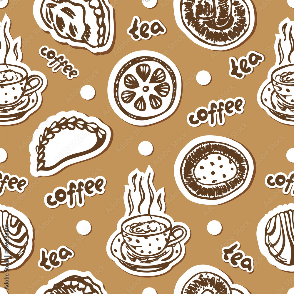 Food seamless pattern with pastry and cups of coffee and tea 