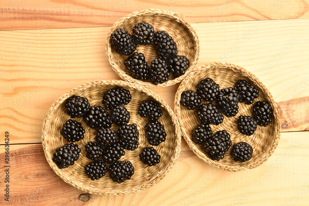 Ripe organic blackberries, close-up, on a wooden table. Ripe organic blackberries, close-up, on a wooden table.