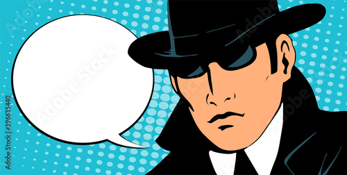 Man detective investigating. Dressed in a retro raincoat and hat. Wearing black glasses. Place for text. Vector retro illustration in pop art style.