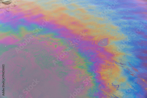 Oil petrol water pollution. Ecological disaster. Slick industry oil fuel spilling water pollution. Water surface patches of gasoline and oil. Ecological catastrophy. Concept of environmental problems