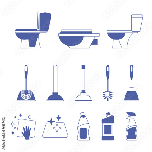 Toilet icon. Restroom. Toilet brush and plunger. Plumbing service. Household chemical bottles. Sanitizing surfaces. Cleaning napkin. Sanitation and hygiene sign. Equipment in cleaning bathroom