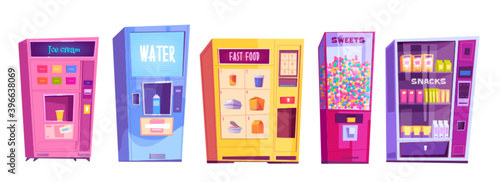 Vending machines with snacks, fast food, water, ice cream and sweets. Vector cartoon set of automatic vendor machines for sale food, candies and drinks isolated on white background