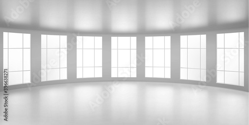 Empty round room, office with large windows, white ceiling and floor. Internal interior structure of modern city architecture, inner design project visualization, Realistic 3d vector illustration