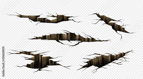 Ground cracks, fractures on land surface, earthquake breaks in perspective view. Vector realistic set of fissure in ground, crevices from disaster or drought isolated on transparent background