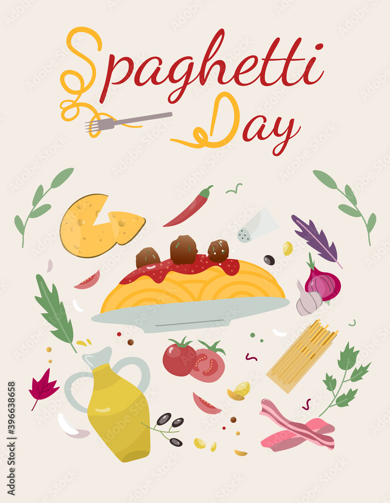 National spaghetti day vector illustration with pasta recipe for card, banner, poster, menu background. Hand drawing lettering, with stylized letters looks like spaghetti on a fork.