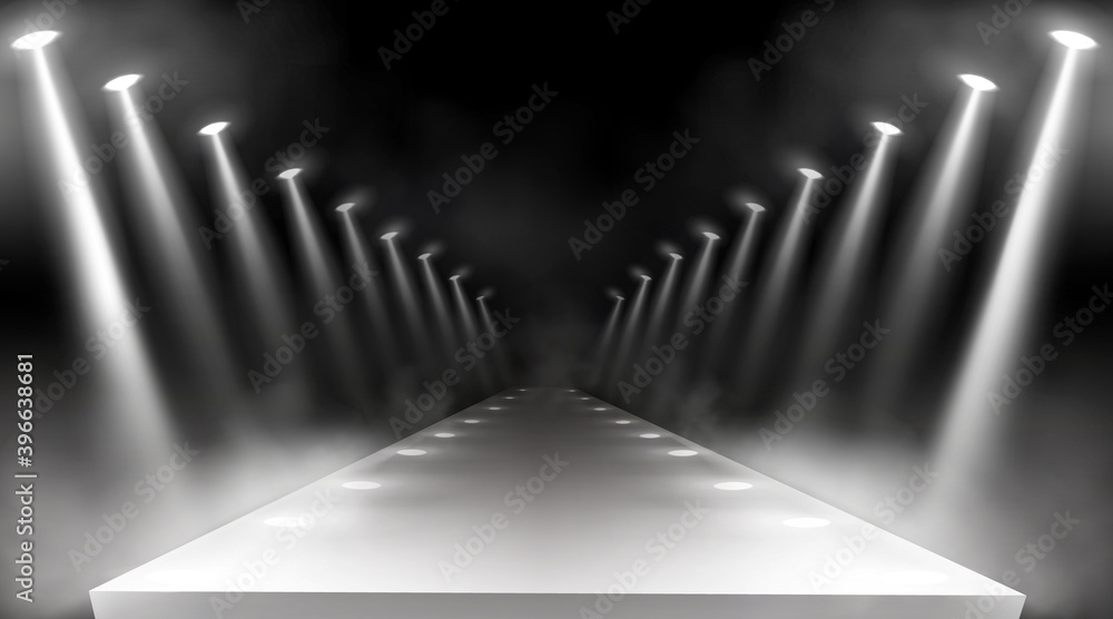 Vetor de Spotlights background, glowing stage lights, white beams for ...
