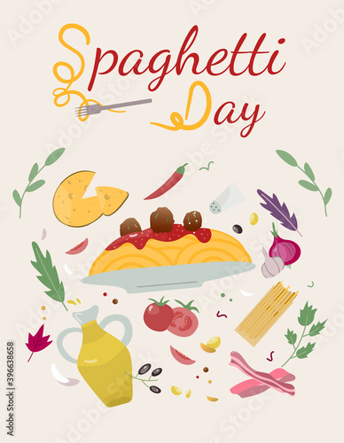 National spaghetti day vector illustration with pasta recipe for card, banner, poster, menu background. Hand drawing lettering, with stylized letters looks like spaghetti on a fork.