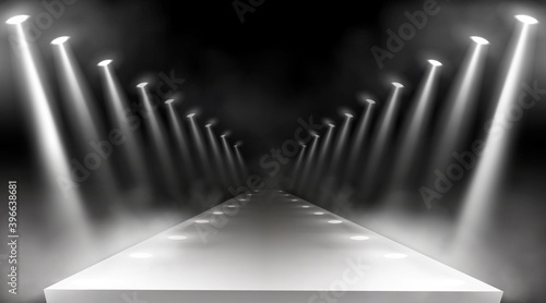 Spotlights background, glowing stage lights, white beams for red carpet award or gala concert. Empty illuminated way for presentation, runway with lamp rays with smoke for show, Realistic 3d vector photo