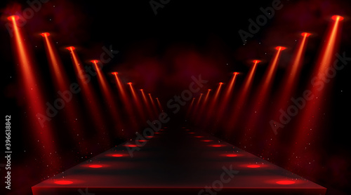 Podium illuminated by red spotlights. Empty platform or stage with beams of lamps and spots of light on floor. Vector realistic interior of dark hall or corridor with projectors rays and smoke
