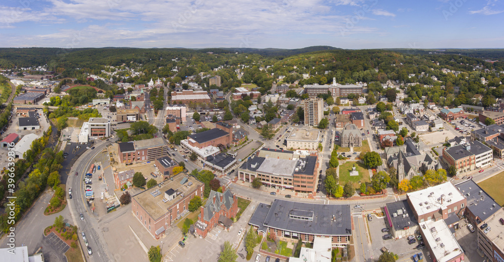 Fitchburg city downtown panorama aerial view on Main Street in fall, Fitchburg, Massachusetts MA, USA.