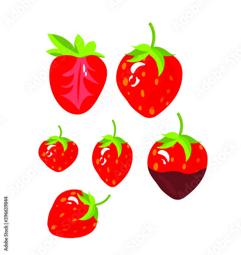 set of STRAWBERRIES in cartoon style flat with highlights on an isolated background, strawberries in chocolate.vector illustration.half a strawberry