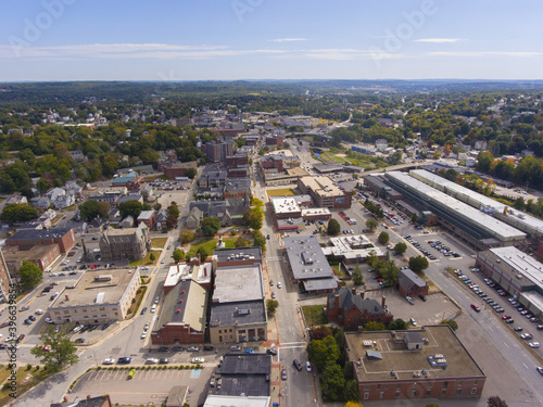 Fitchburg city downtown aerial view on Main Street in fall, Fitchburg, Massachusetts MA, USA. photo