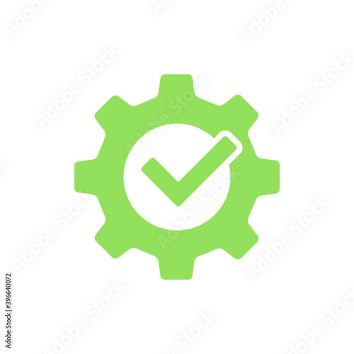 Tick gear green icon. Technical repair symbol. Vector illustration isolated on white.