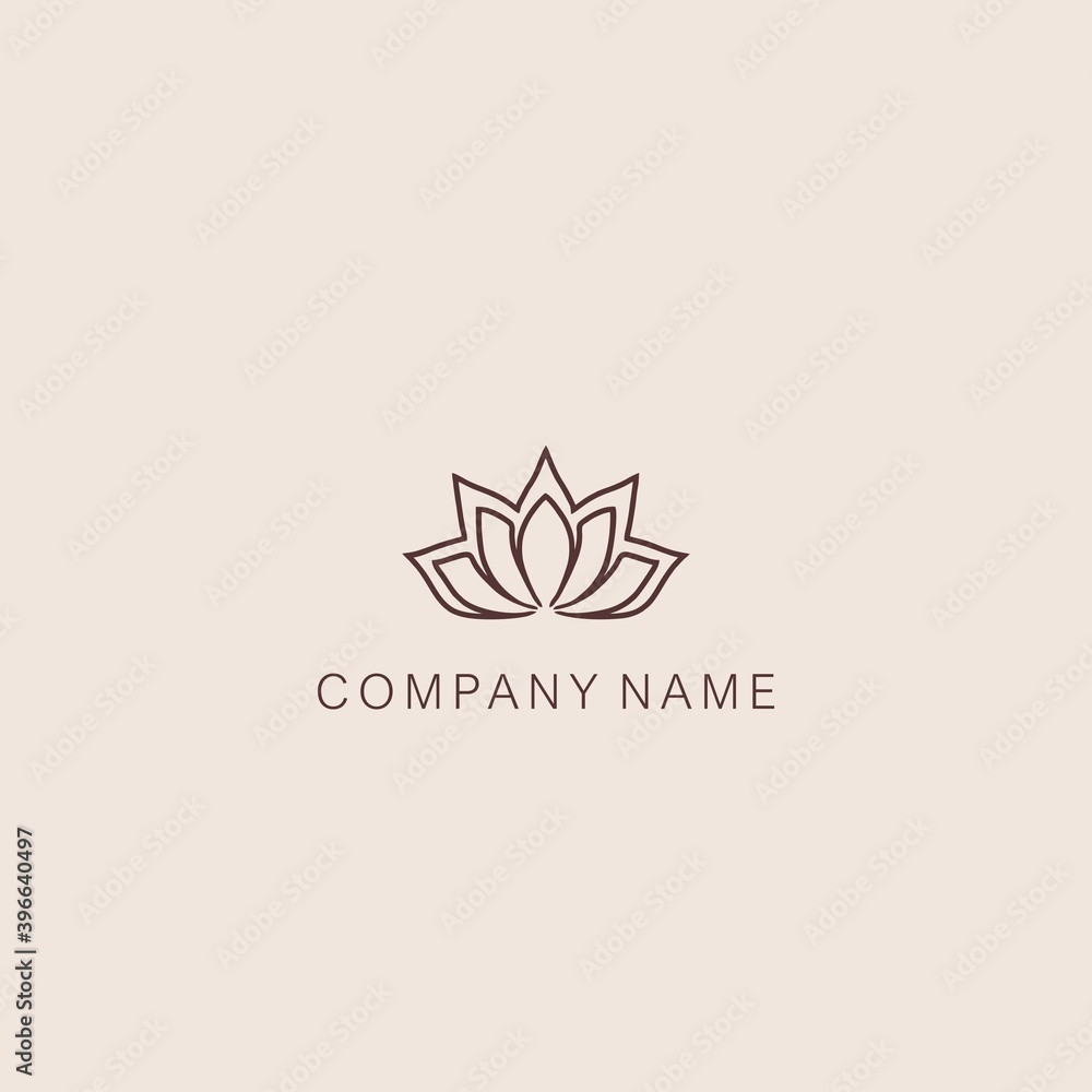 Simple, minimalistic, stylized lotus flower symbol or logotype, composed of several elements. Made with a curved contour line.