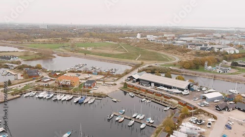 Aerial footage of Brondby Havn harbour in Copenhagen on a cloudy day 1080p 3 photo