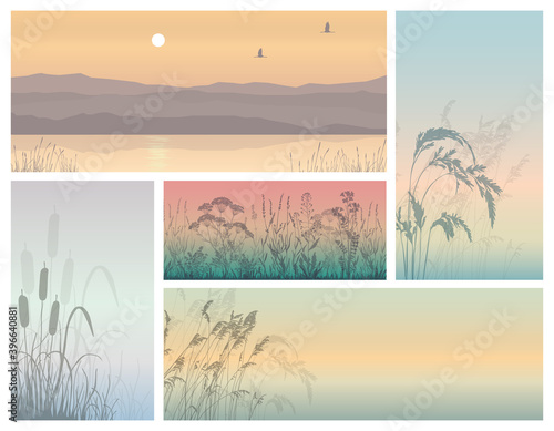 A set of beautiful landscapes with a grass silhouette against a sunset background.Ducks fly over the river against the background of mountains.Beautiful autumn landscape.Vector illustration.