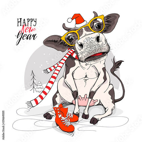 Merry Christmas and New year card. Sitting cow in the red scarf and Santa's hat and with the ice skates. Humor t-shirt composition, meme, hand drawn style print. Vector illustration.