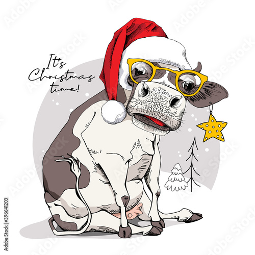 Merry Christmas and New year card. Sitting cow in the red Santa's hat, in the glasses and with a star. Humor t-shirt composition, meme, hand drawn style print. Vector illustration.