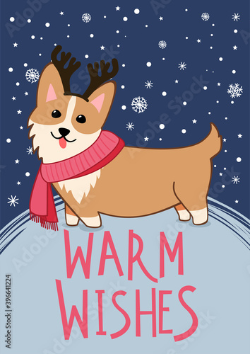 New Year or Christmas greeting card with cute Welsh Corgi dog characters and ...