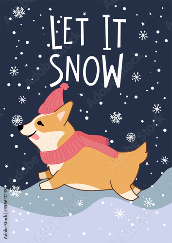 New Year or Christmas greeting card with cute Welsh Corgi dog characters and ...