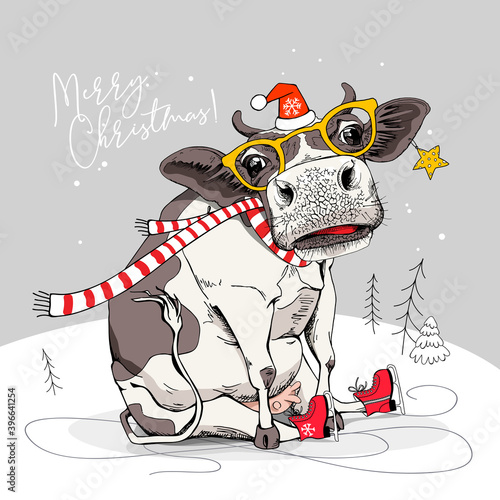 Merry Christmas and New year card. Sitting cow in the red scarf and Santa's hat and in the ice skates. Humor t-shirt composition, meme, hand drawn style print. Vector illustration.