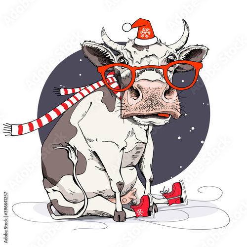 Merry Christmas and New year card. Sitting cow in the red scarf and Santa's hat and in the ice skates. Humor t-shirt composition, meme, hand drawn style print. Vector illustration.