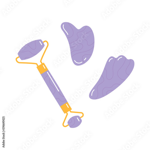 Skin care products for SPA. Vector set of massage roller, gua sha stone isolated on white background. Home beauty routine essensials concept. Flat vector hand drawn illustration. 