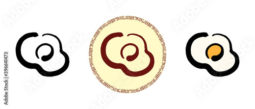 This is a set of icons with different styles of scrambled eggs. Contour, color and retro symbols of scrambled eggs. Freehand drawing, doodles. Stylish solution for website and label.