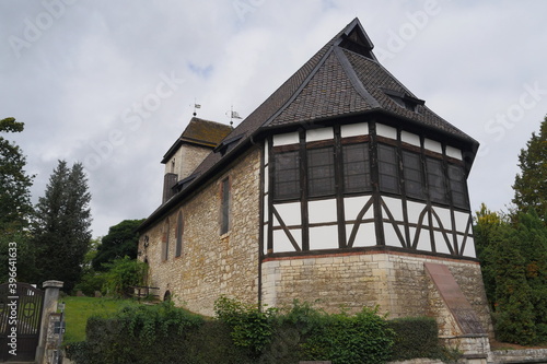 St. Georgs Church in Bad Ganderheim Germany, first mentioned in 1196, probably founded in the 9th century, a building made from a combination of quarry stone and half-timbering. Interior painting.