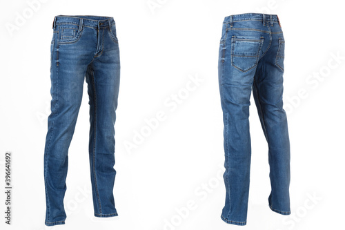 men's blue jeans, ghostly mannequin isolated on white background