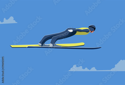 An athlete in sports equipment jumps. Ski jumping athlete flies high in the sky parallel to the ground. A man against the background of sky and clouds makes a breathtaking jump. Vector flat design