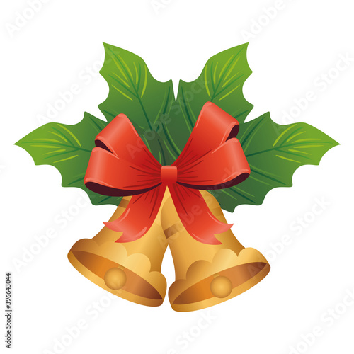 golden christmas bells with leafs plant and bow vector illustration design