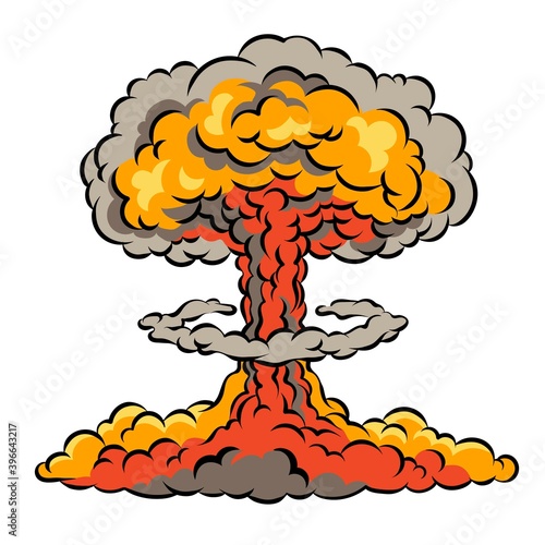 Bomb explosion mushroom cloud. A nuclear bomb test. War weapon concept. Comic vector illustration isolated on white background.