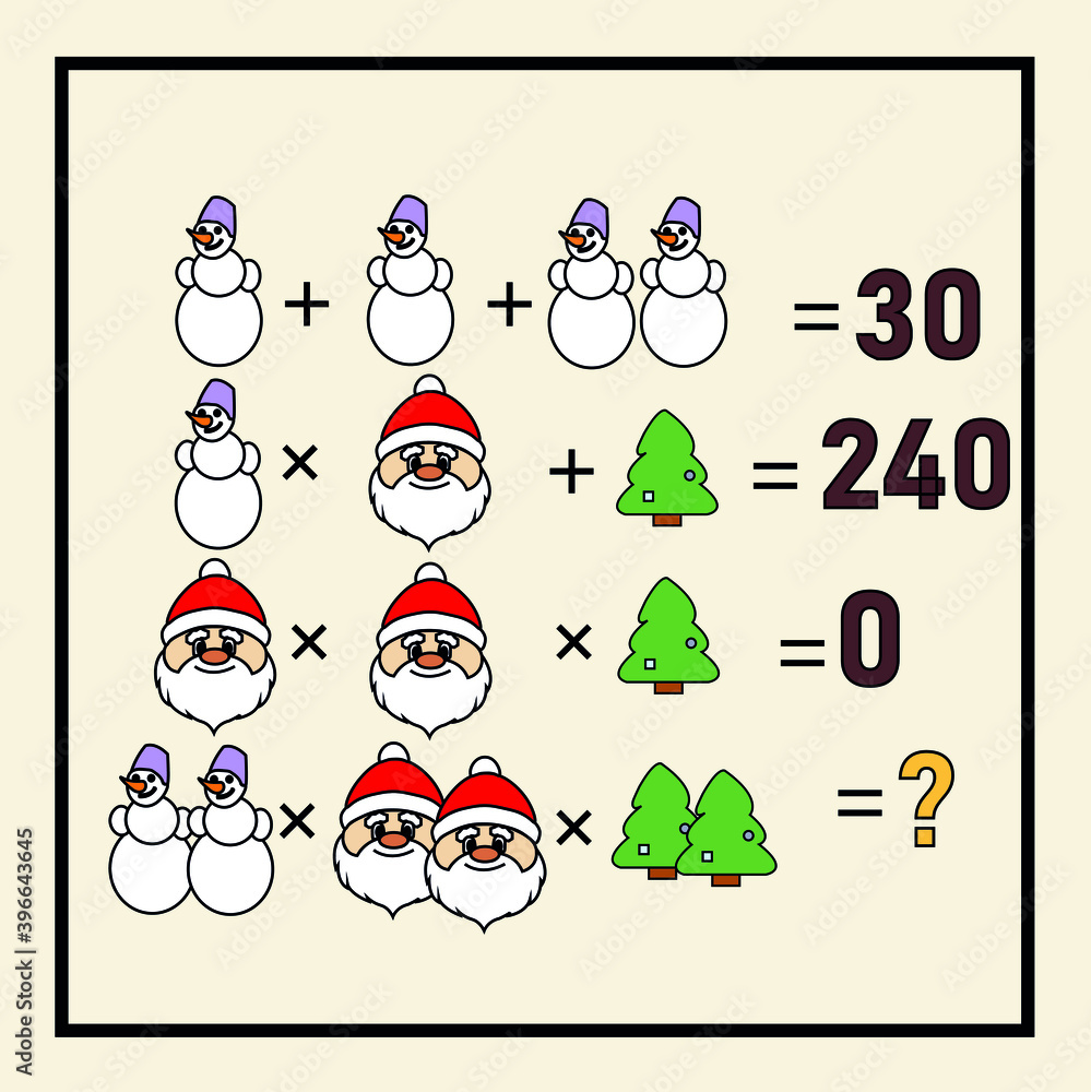 New Year's riddle. Preschool or kindergarten Christmas puzzle. Mathematical counting game for children and adult. Mathematic riddle for the mind. Riddle with numbers. Vector
