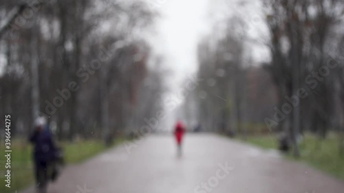Wallpaper Mural Blurry people walking quickly under snow in winter city. Bokeh 4k video background. Torontodigital.ca