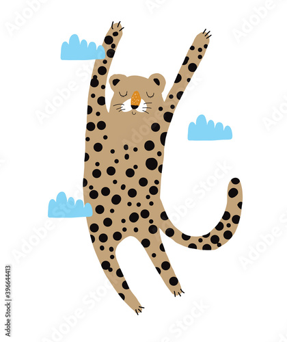 Funny Safari Party Vector Illustration. Dreamy Wild Cat Flying Among Clouds. Cute Infantile Style Nursery Art with Brown Leopard ideal for Wall Art, Poster, Card, Invitation. 