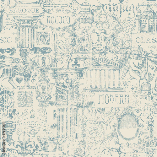 Abstract seamless pattern on the theme of vintage art  furniture and Antiques. Vector background with retro sketches and drawings on a beige backdrop in grunge style. Wallpaper  wrapping paper  fabric