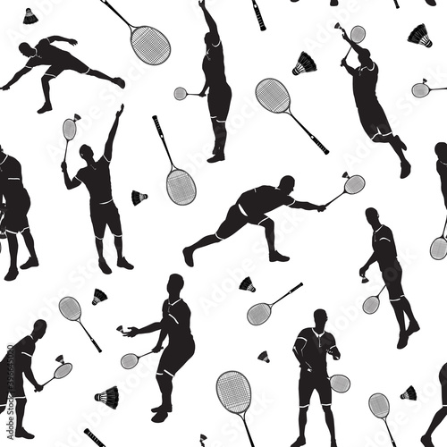 Badminton seamless pattern with badminton player black silhouettes, vector illustration