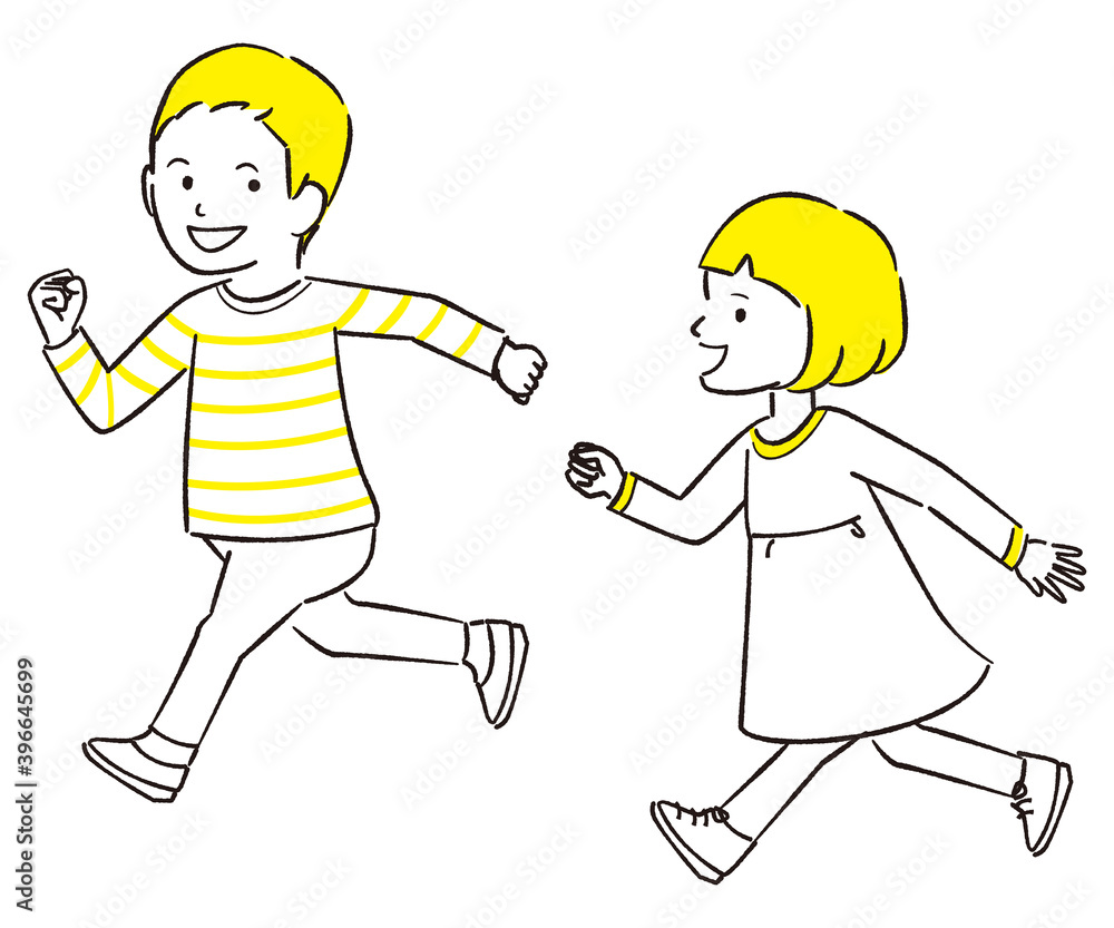 手描き1color 笑顔で走る男の子と女の子 Stock Vector Adobe Stock