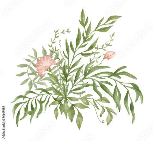 Watercolor bouquet with green summer foliage and pink flowers  branches and leaves isolated on white. Gently modern composition  floral arrangements  wedding delicate flowers
