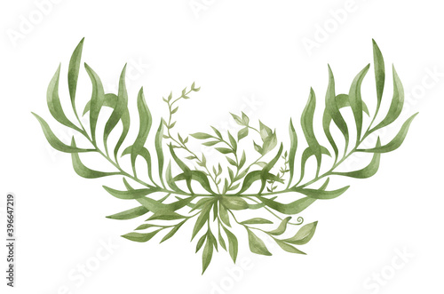 Fototapeta Naklejka Na Ścianę i Meble -  Watercolor bouquet with green summer foliage, branches and leaves isolated on white. Gently modern composition, floral arrangements, wedding delicate flowers