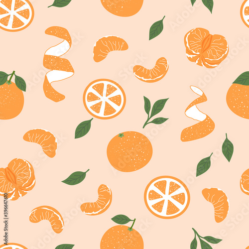 Fototapeta Naklejka Na Ścianę i Meble -  Tangerines tropical seamless pattern. Trendy hand drawn vector stylised whole fruit, twigs, leaves, slices. Repeated citrus on beige background. Orange design for web banner, wrapping, Christmas print