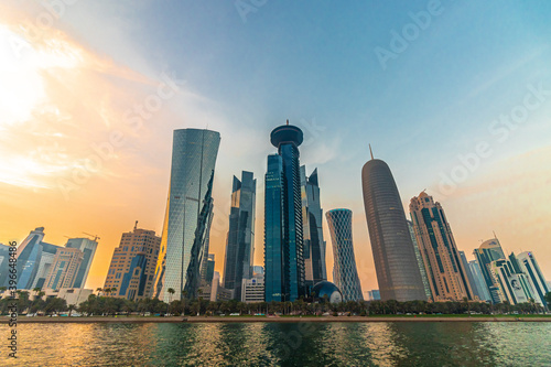 Doha, Qatar - August 31, 2017: Panoramic view of Doha skyline at sunset.