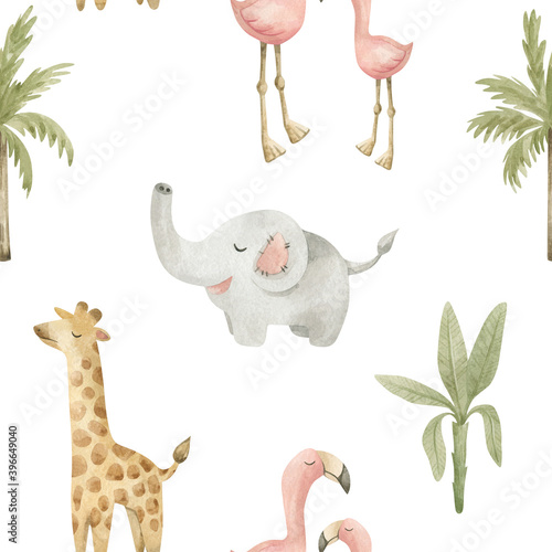 Photography Watercolor seamless pattern with cute African animals