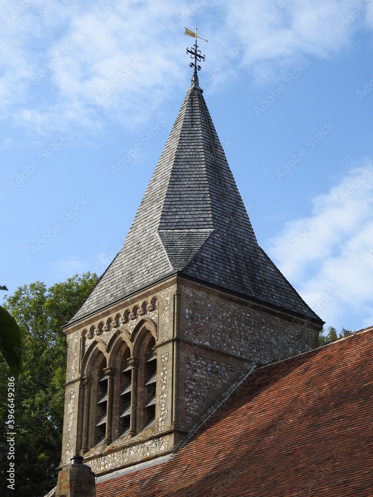 View of the tower, belfry of the old church View of the tower, belfry of the old church