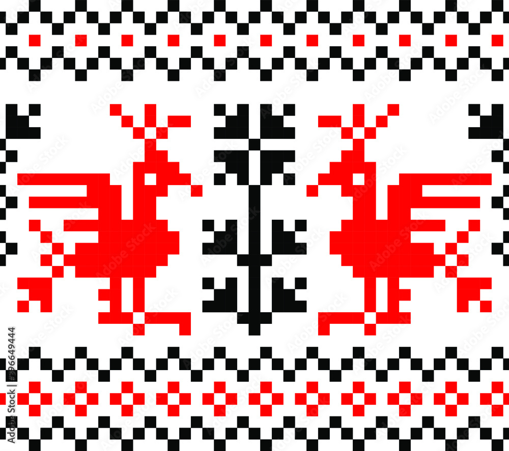 Red and white folk ornaments with birds and flowers for decoration of holidays, clothing and fabric design, as well as use in printed products Red and white folk ornaments with birds and flowers for decoration of holidays, clothing and fabric design, as well as use in printed products